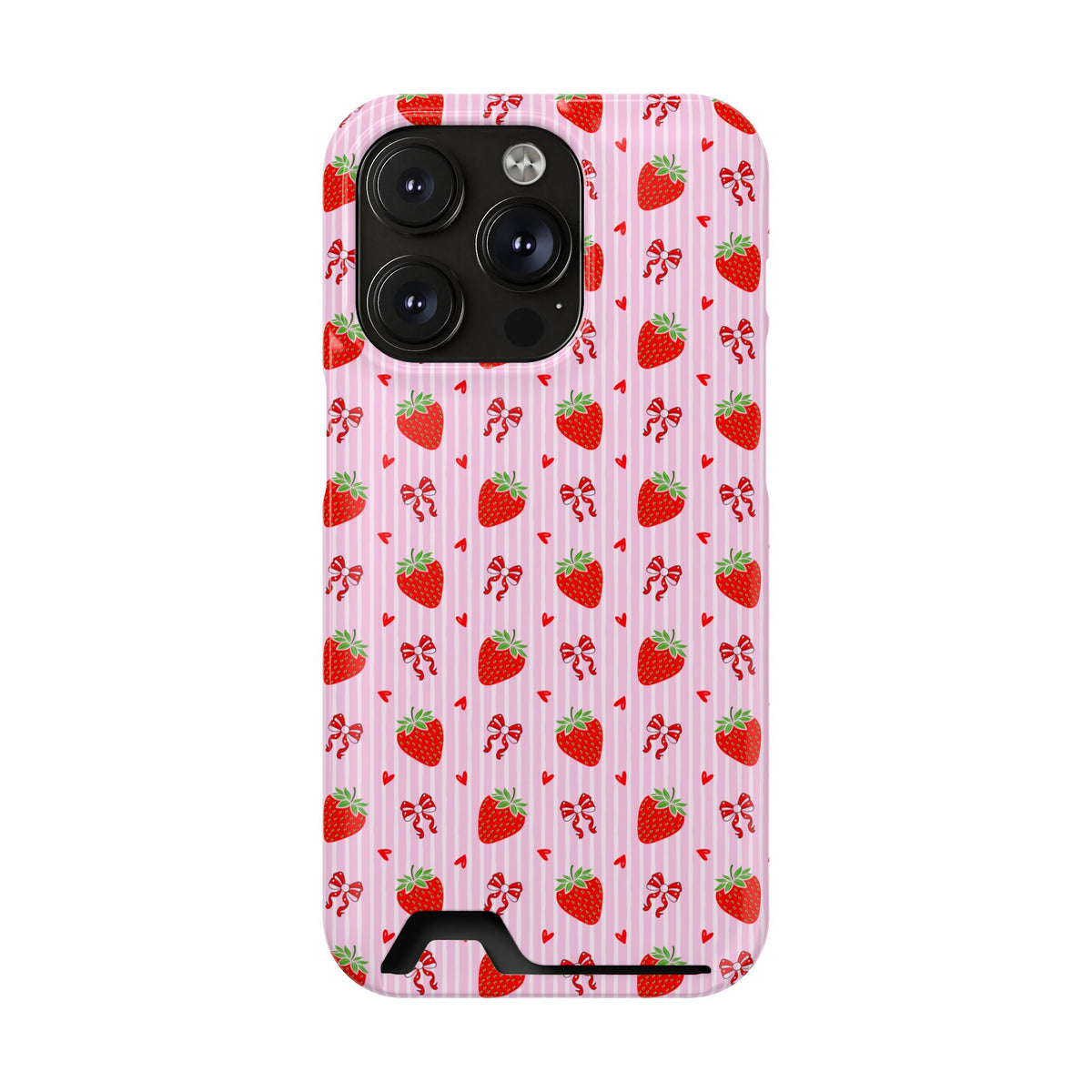 Strawberry Bow phone case with card holder for iPhone 14 Pro, glossy finish