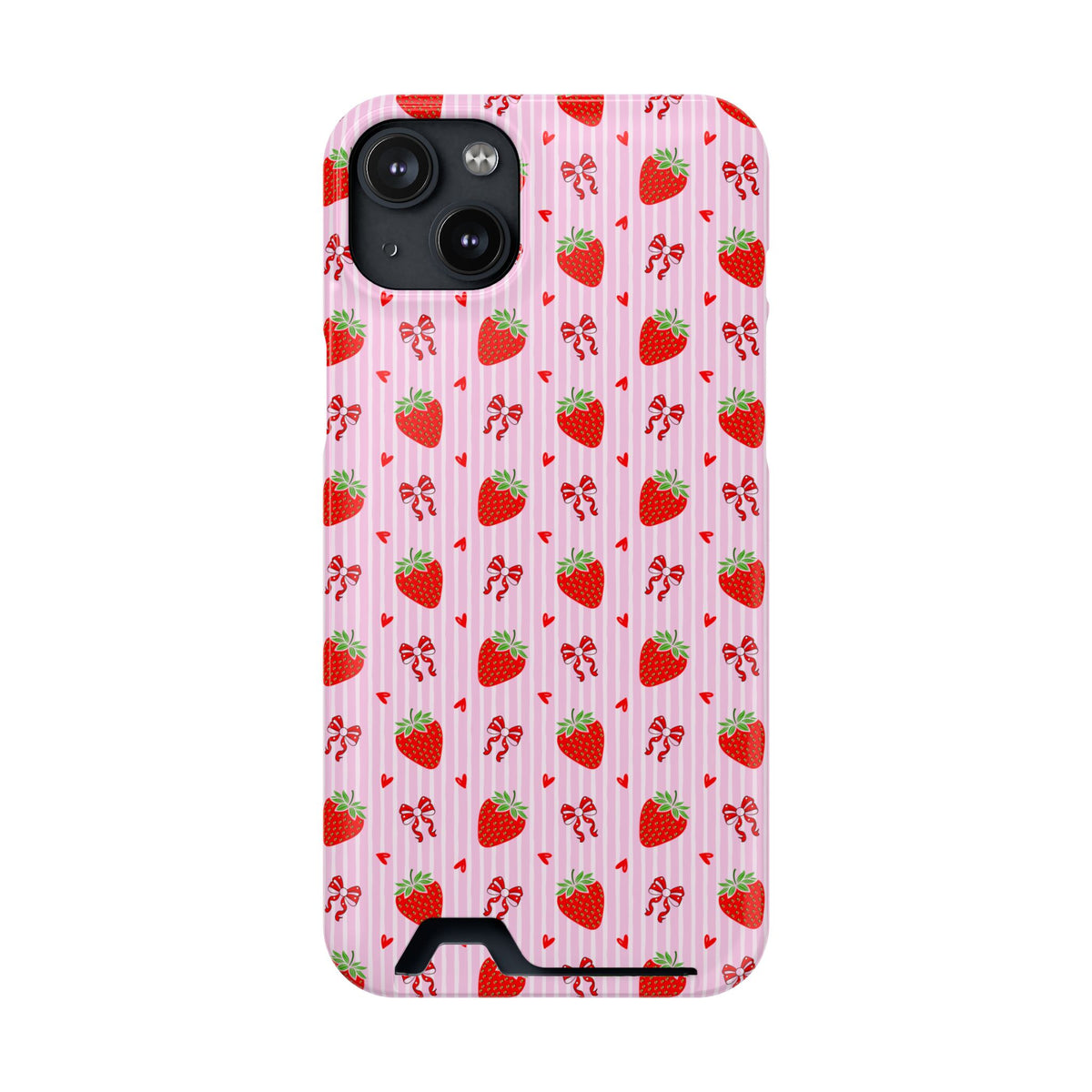 Strawberry Bow phone case with card holder for iPhone 14 Plus, glossy finish