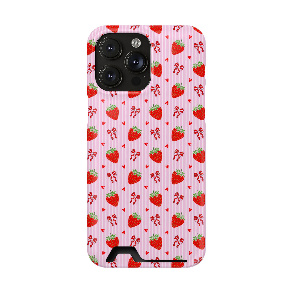 Strawberry Bow phone case with card holder for iPhone 14 Pro Max, glossy finish
