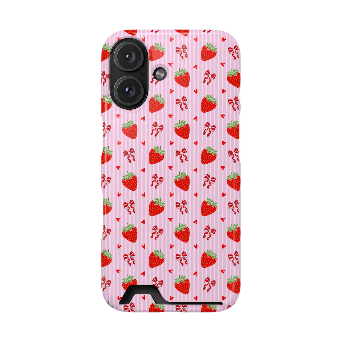 Strawberry Bow phone case with card holder for iPhone 16, glossy finish