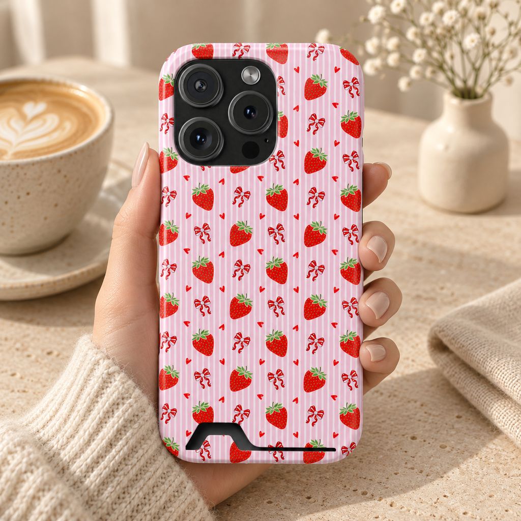 Strawberry Bow phone case with card holder, strawberries and red bows on pink stripes, lifestyle photo in hand with coffee