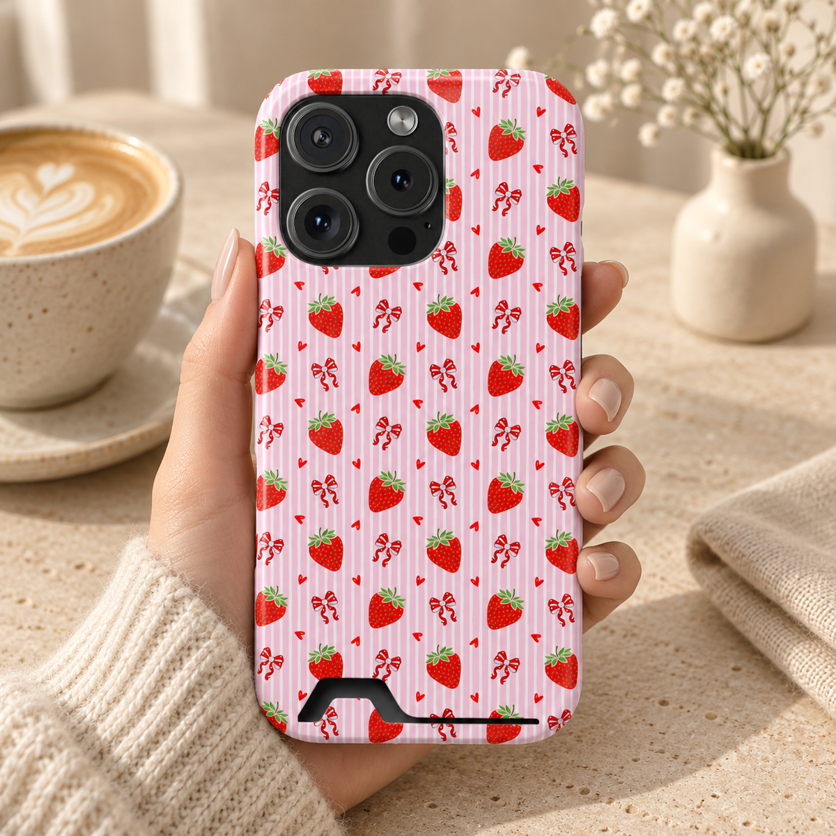 Strawberry Bow phone case with card holder, strawberries and red bows on pink stripes, lifestyle photo in hand with coffee