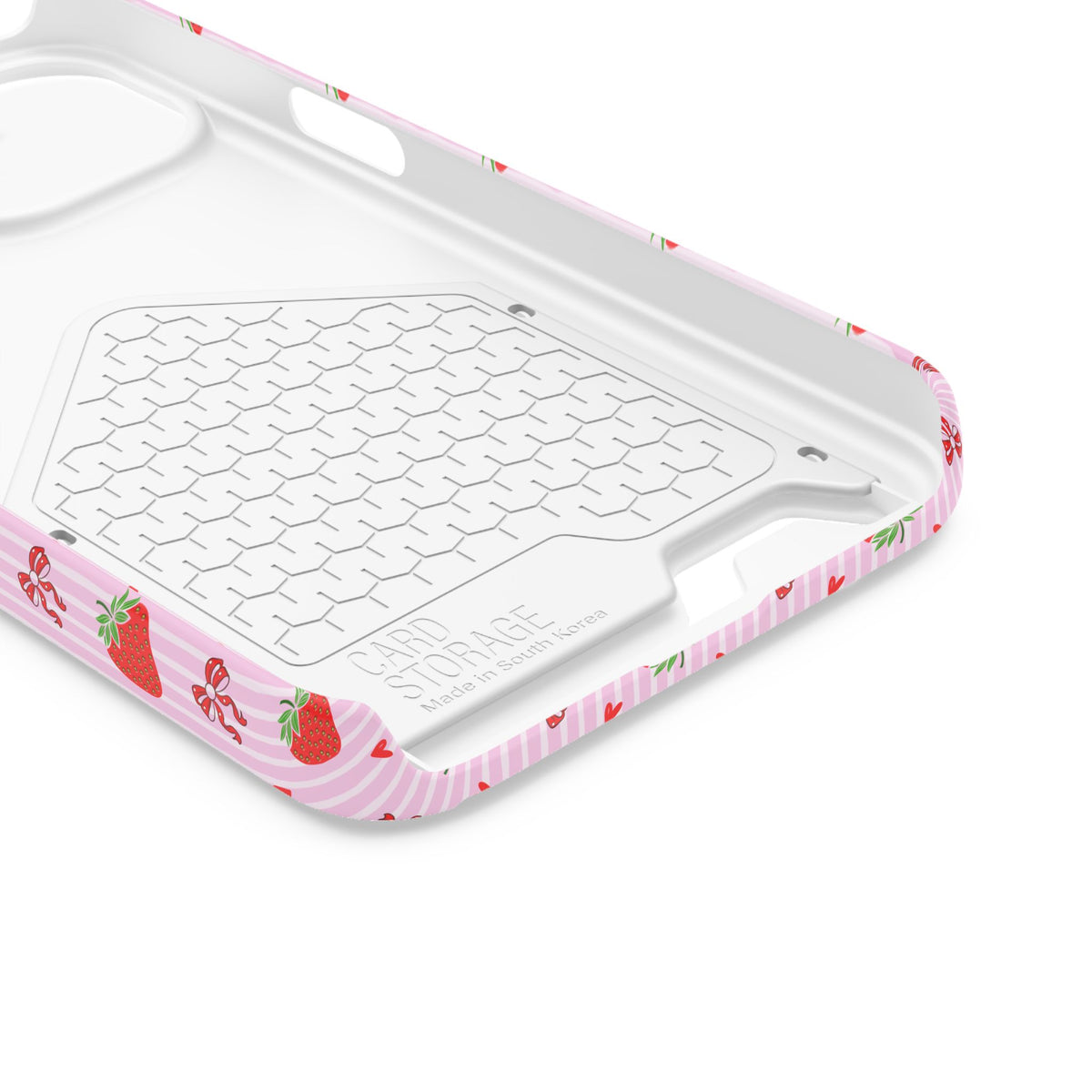 Strawberry Bow phone case with card holder for iPhone 13, glossy finish
