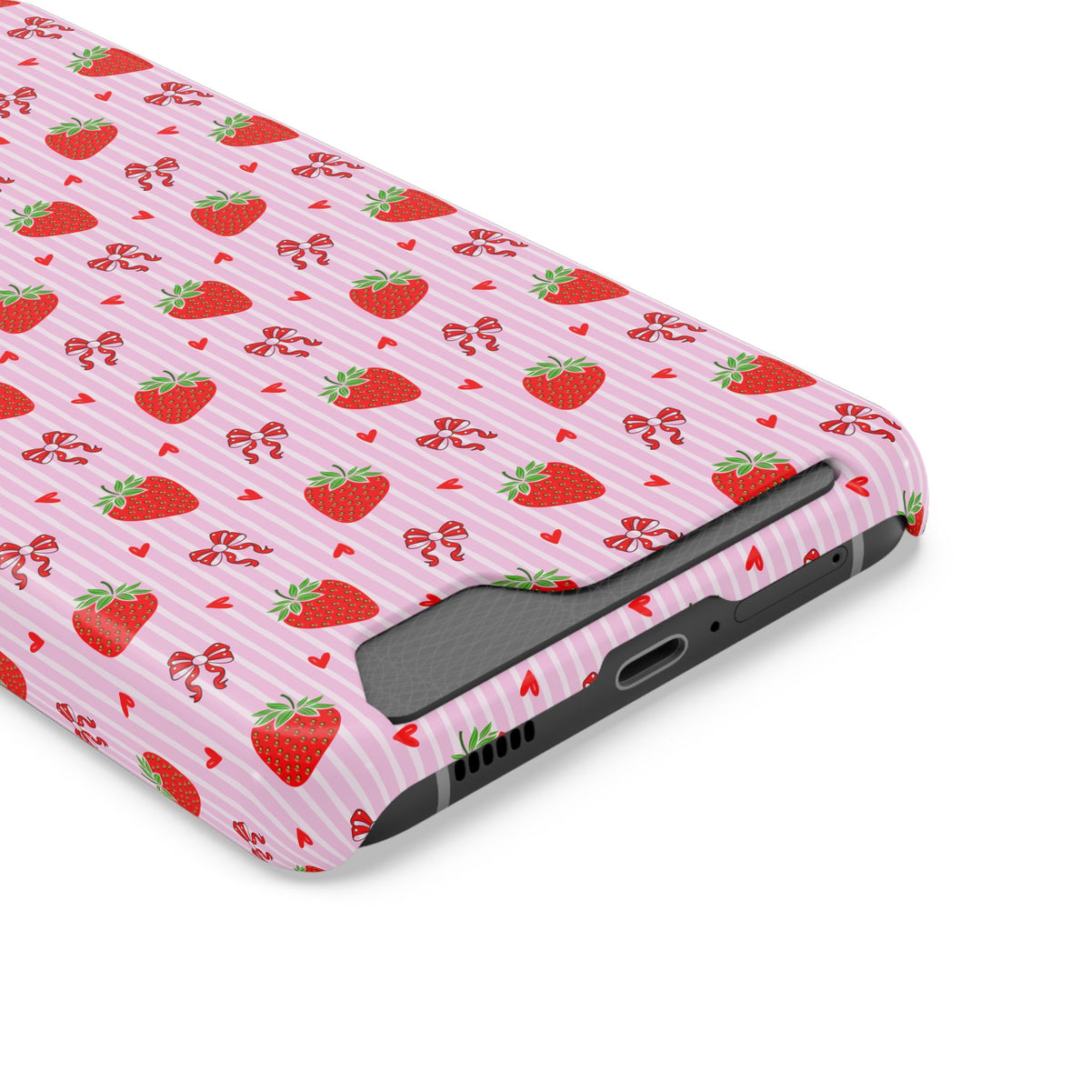Strawberry Bow phone case with card holder, close-up of the card slot
