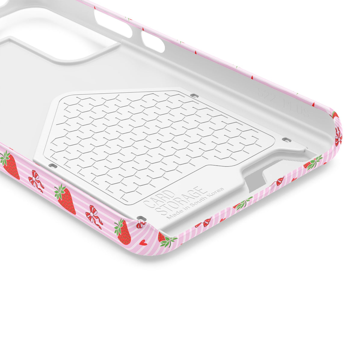 Strawberry Bow phone case with card holder, close-up of the inside