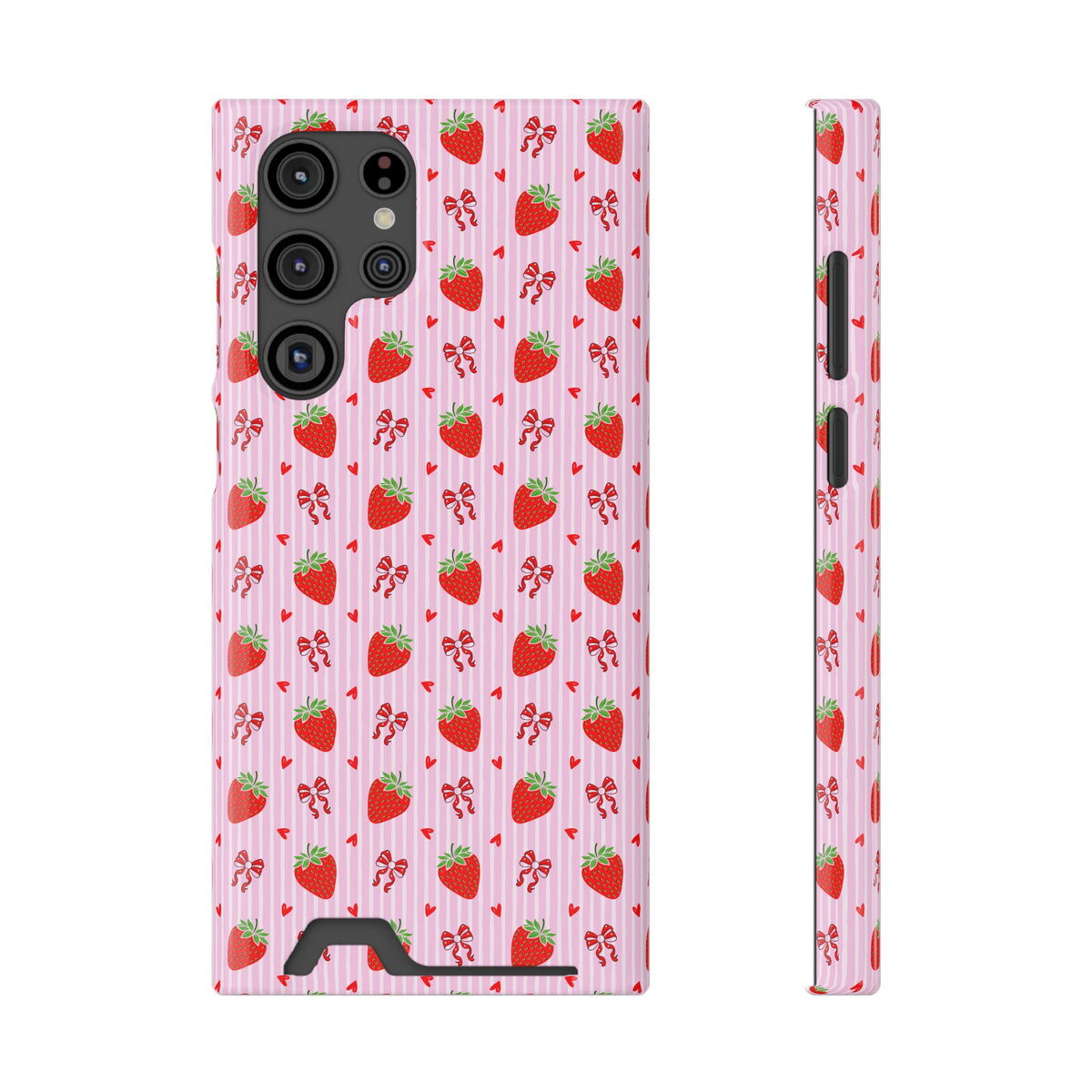 Strawberry Bow phone case with card holder for Samsung Galaxy S22 Ultra, glossy finish
