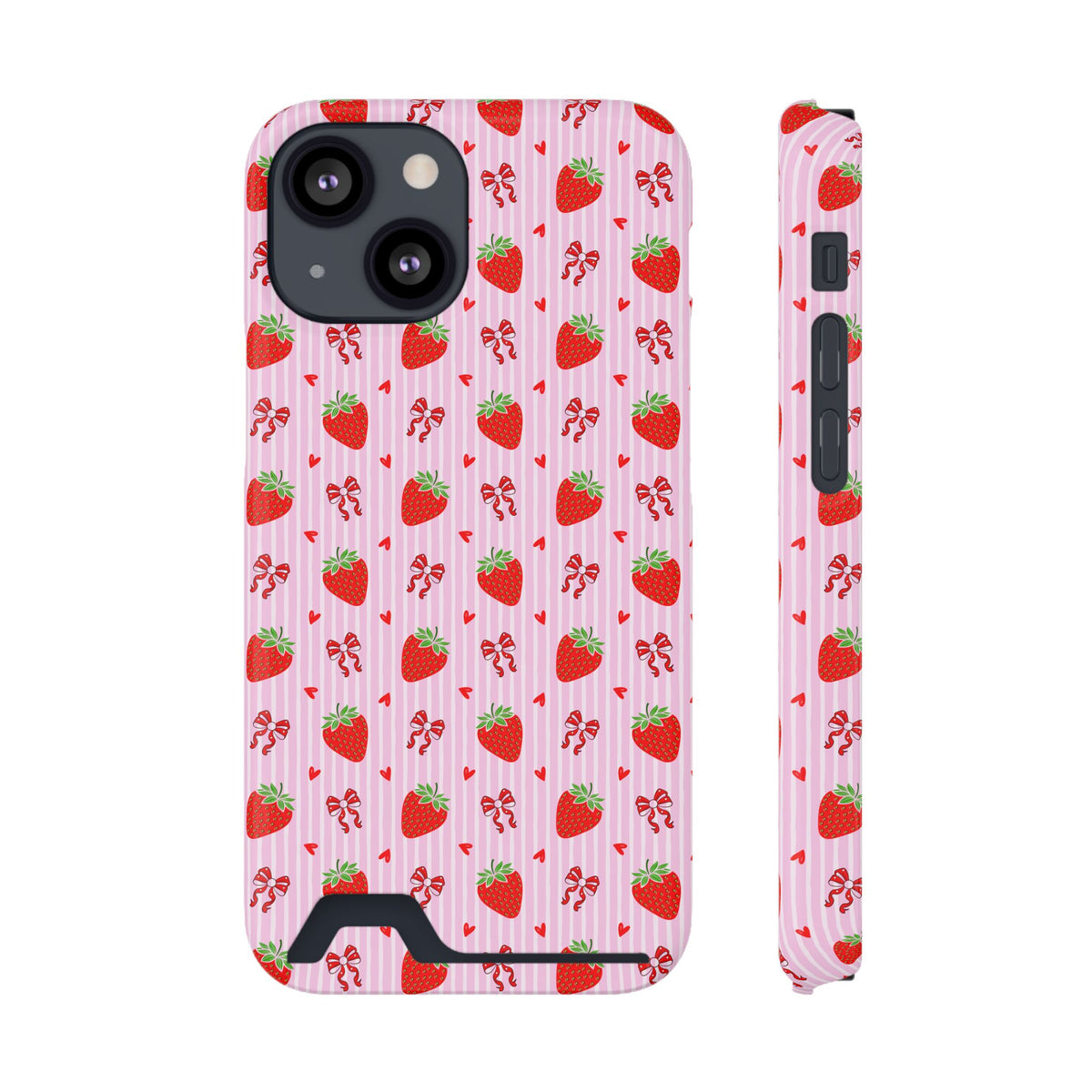 Strawberry Bow phone case with card holder for iPhone 13 Mini, glossy finish