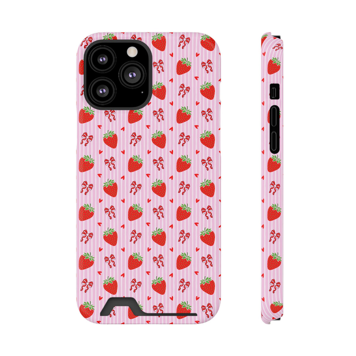 Strawberry Bow phone case with card holder for iPhone 13 Pro Max, glossy finish