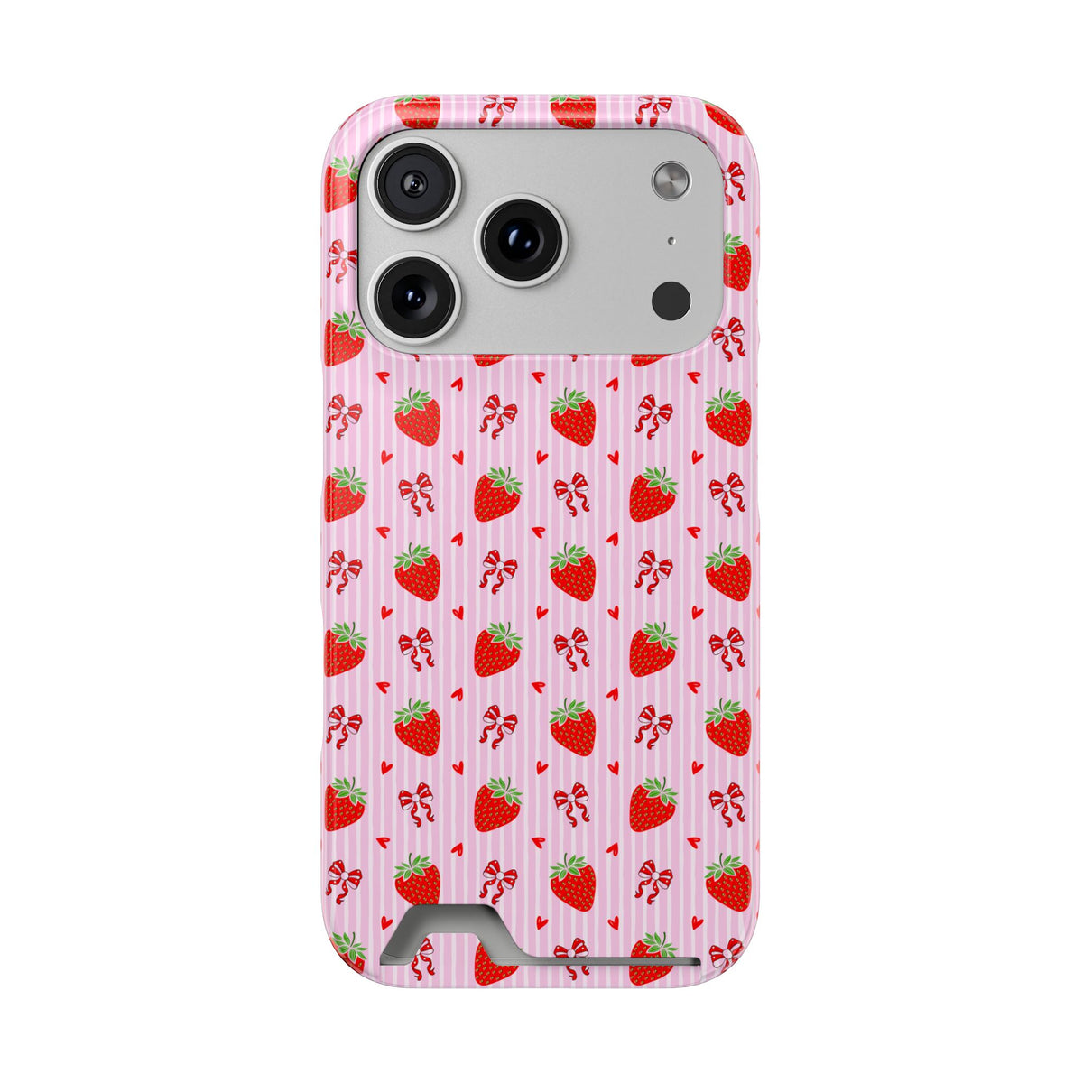 Strawberry Bow phone case with card holder for iPhone 18 Pro, glossy finish