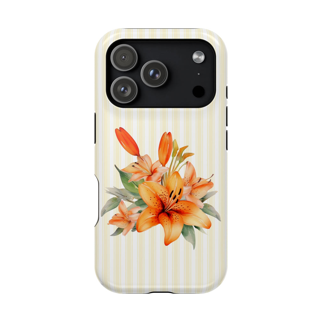 Sunny Lily Stripe protective phone case for iPhone 18 Pro, glossy finish