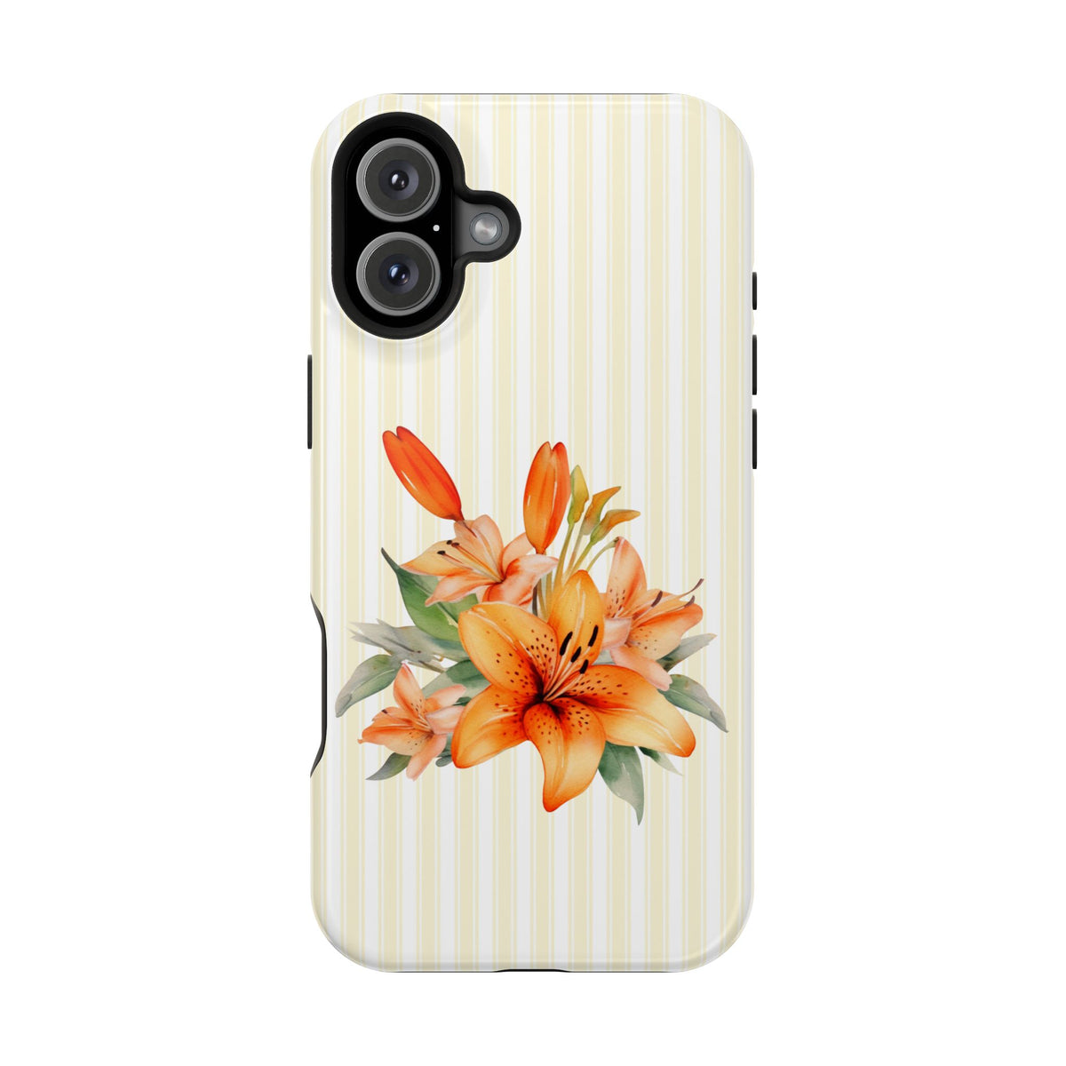 Sunny Lily Stripe protective phone case for iPhone 16 Plus, glossy finish
