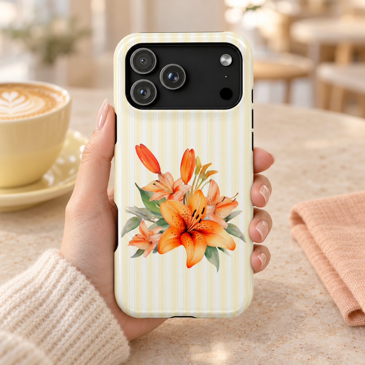 Sunny Lily Stripe protective phone case, orange lilies on pale yellow stripes, lifestyle photo in hand with coffee