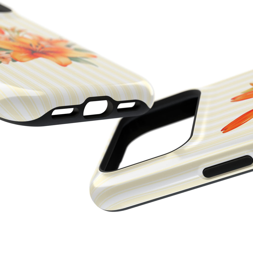 Sunny Lily Stripe protective phone case, close-up at an angle
