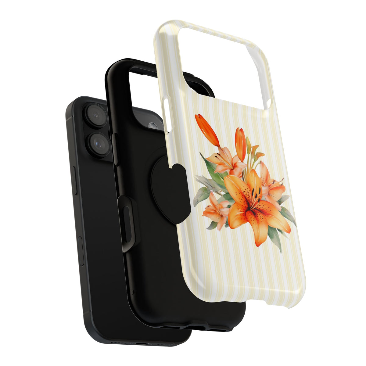 Sunny Lily Stripe protective phone case, close-up of the dual-layer construction