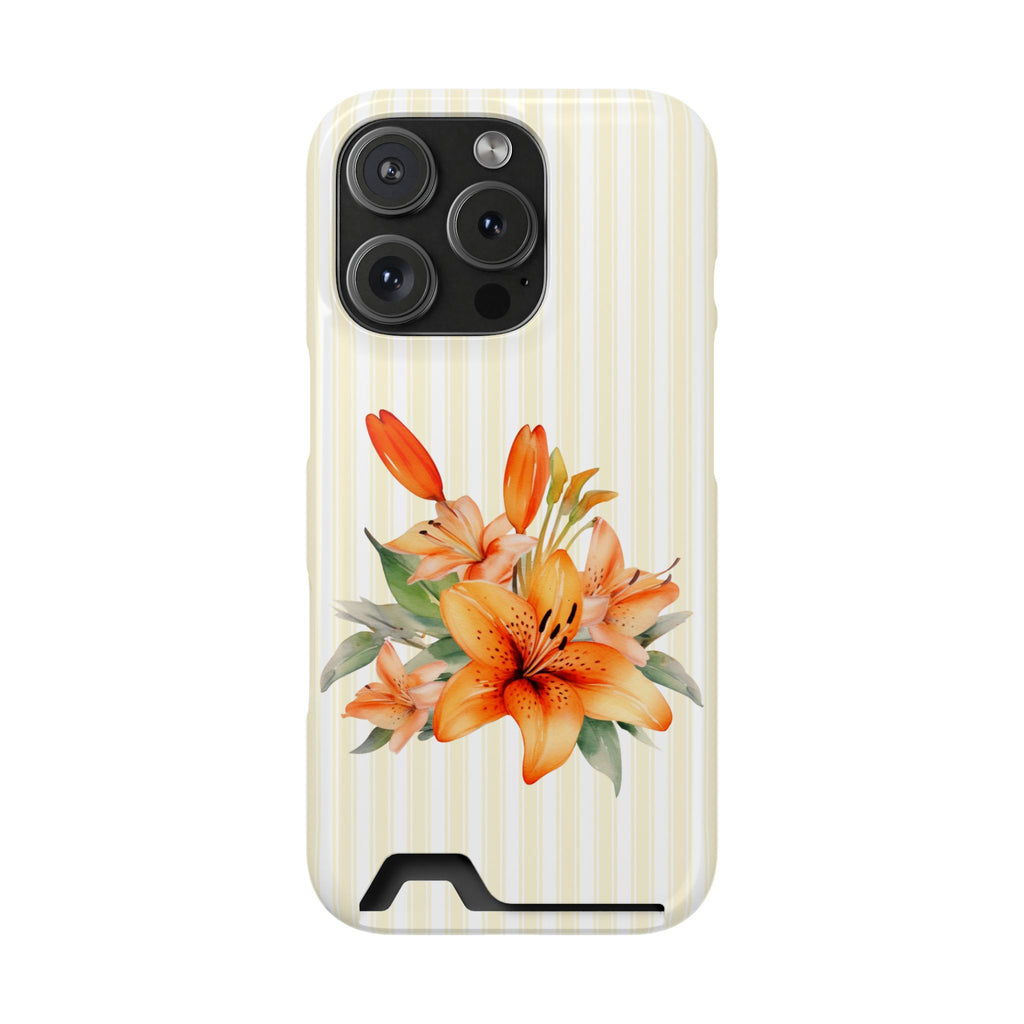 Sunny Lily Stripe phone case with card holder for iPhone 16 Pro, glossy finish
