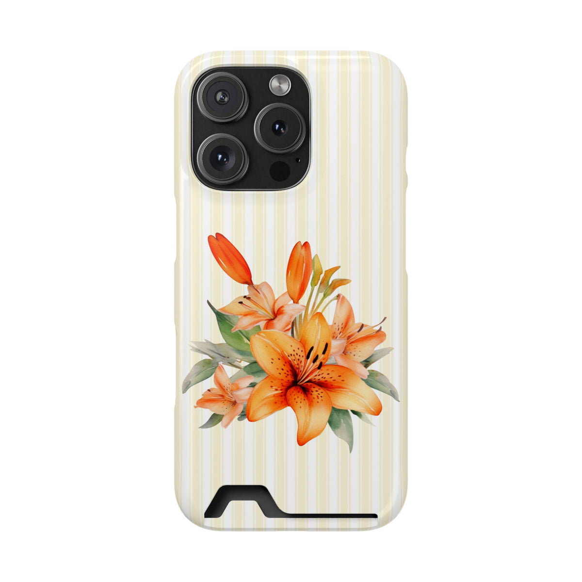 Sunny Lily Stripe phone case with card holder for iPhone 16 Pro, glossy finish