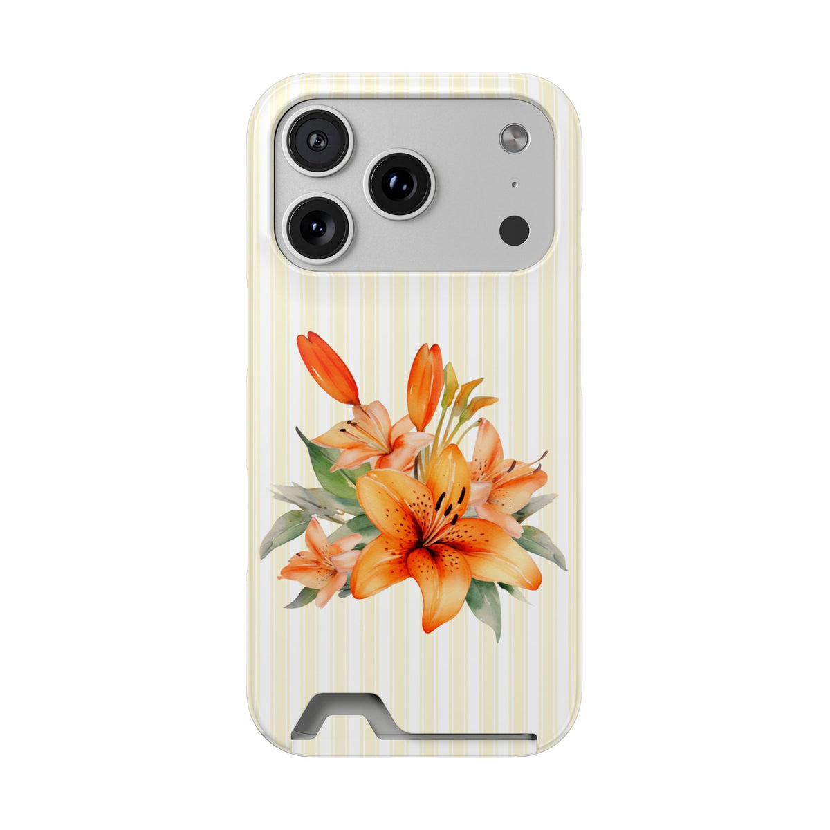Sunny Lily Stripe phone case with card holder for iPhone 17 Pro, glossy finish