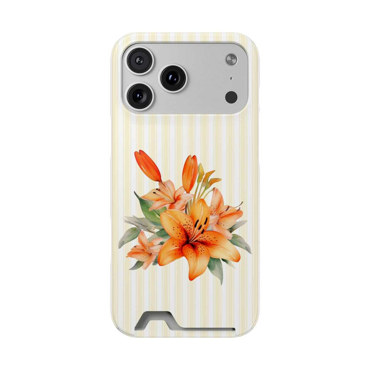 Sunny Lily Stripe phone case with card holder for iPhone 17 Pro Max, glossy finish
