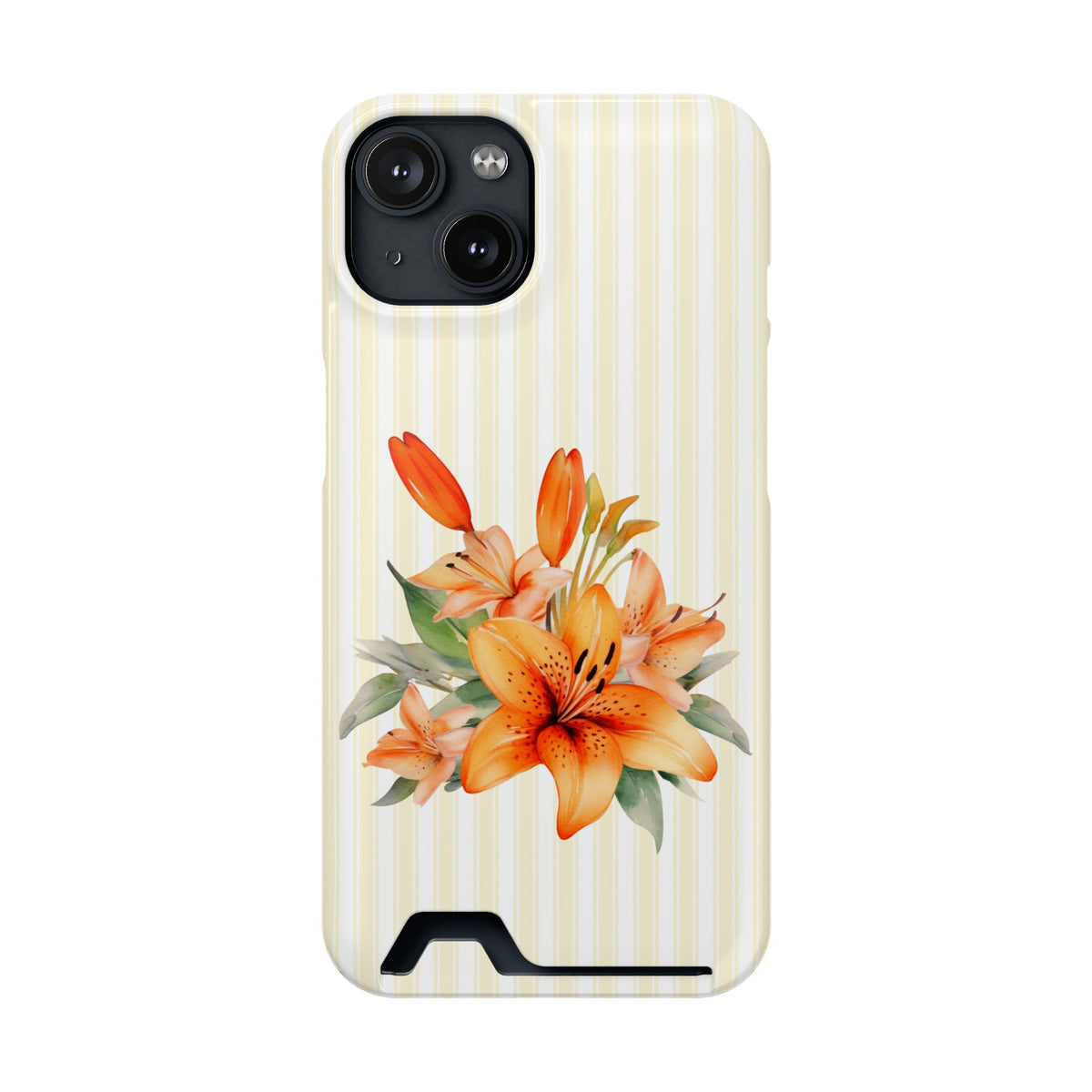 Sunny Lily Stripe phone case with card holder for iPhone 14, glossy finish