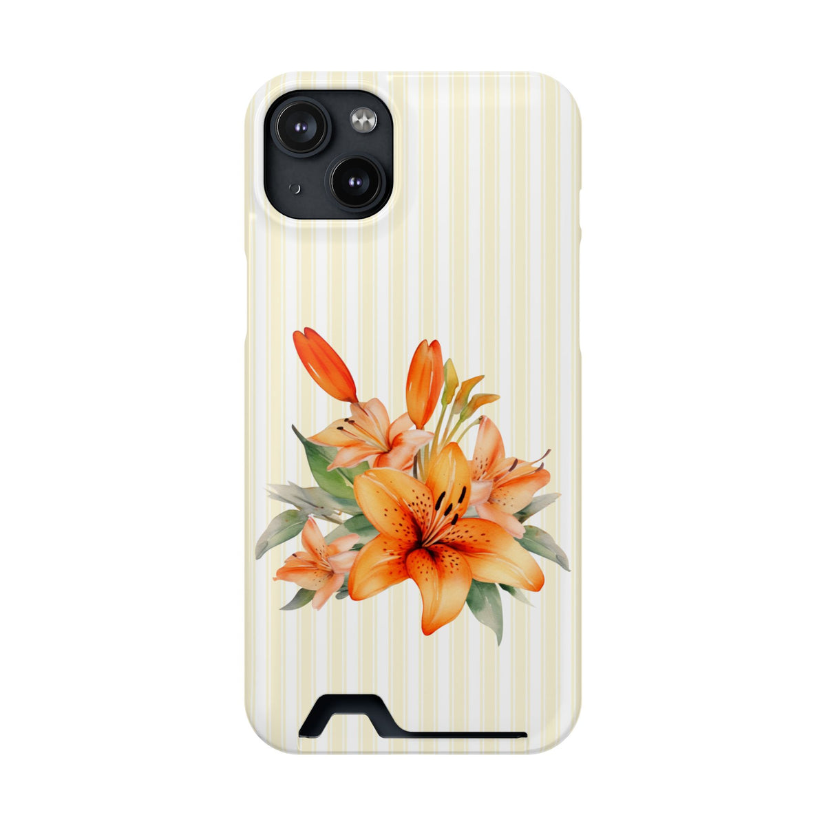 Sunny Lily Stripe phone case with card holder for iPhone 14 Plus, glossy finish