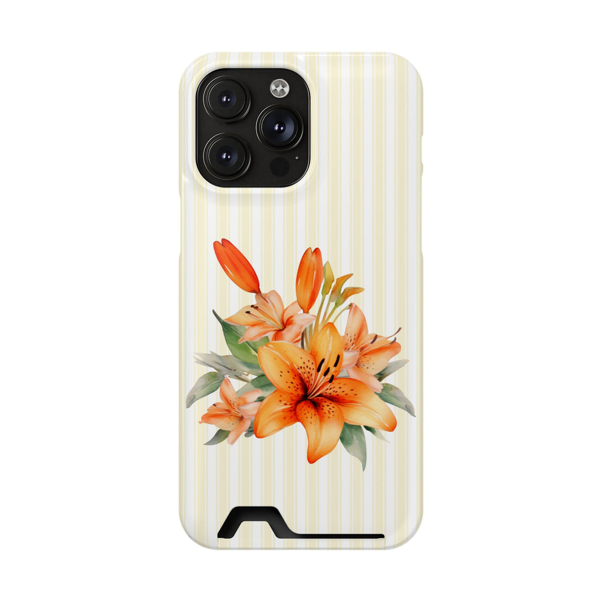 Sunny Lily Stripe phone case with card holder for iPhone 14 Pro Max, glossy finish