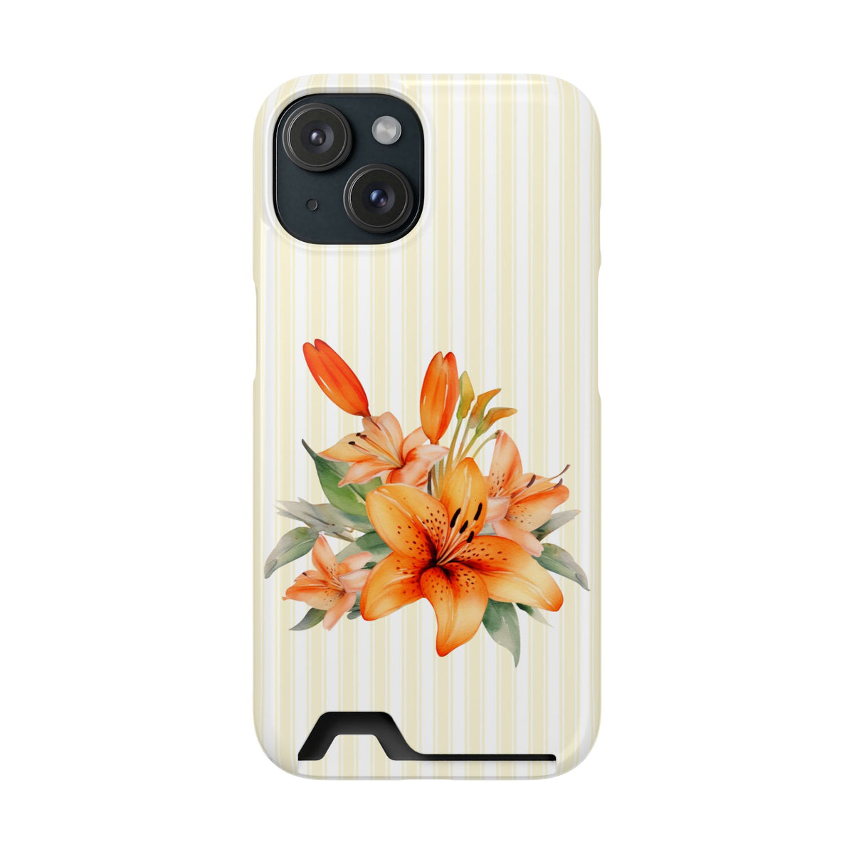 Sunny Lily Stripe phone case with card holder for iPhone 15, glossy finish