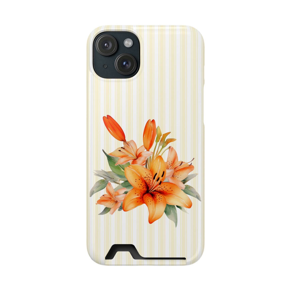 Sunny Lily Stripe phone case with card holder for iPhone 15 Plus, glossy finish