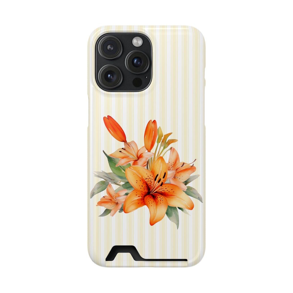 Sunny Lily Stripe phone case with card holder for iPhone 15 Pro Max, glossy finish