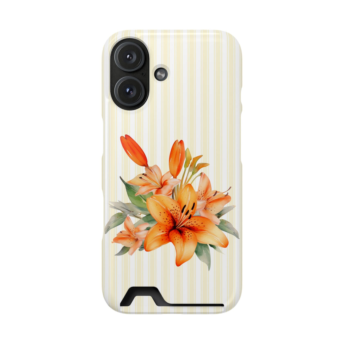 Sunny Lily Stripe phone case with card holder for iPhone 16, glossy finish