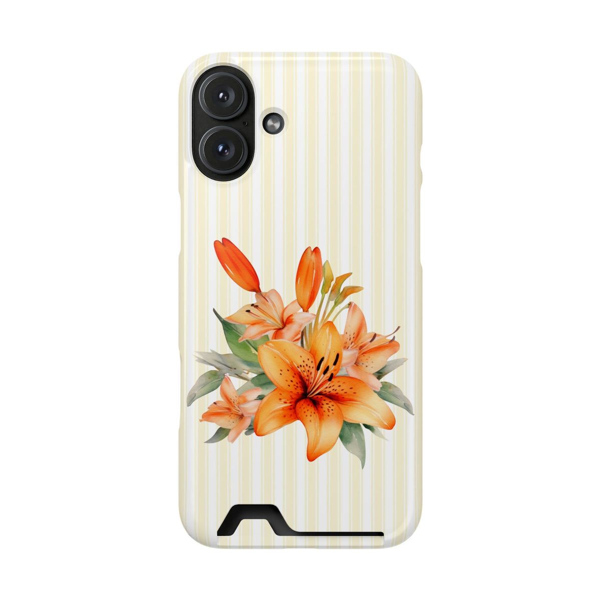 Sunny Lily Stripe phone case with card holder for iPhone 16 Plus, glossy finish