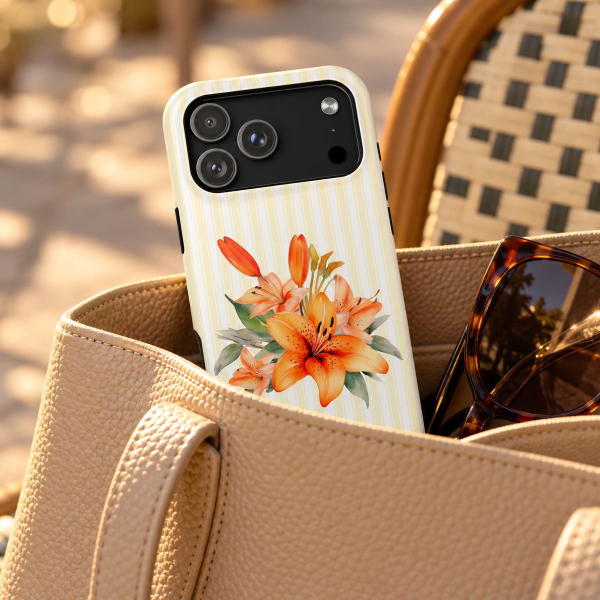 Sunny Lily Stripe phone case with card holder, orange lilies on pale yellow stripes, lifestyle photo in a handbag