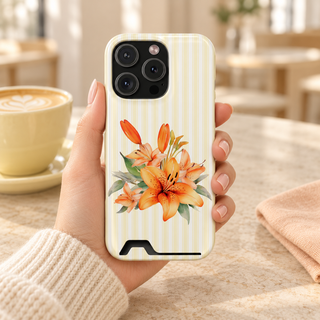 Sunny Lily Stripe phone case with card holder, orange lilies on pale yellow stripes, lifestyle photo in hand with coffee