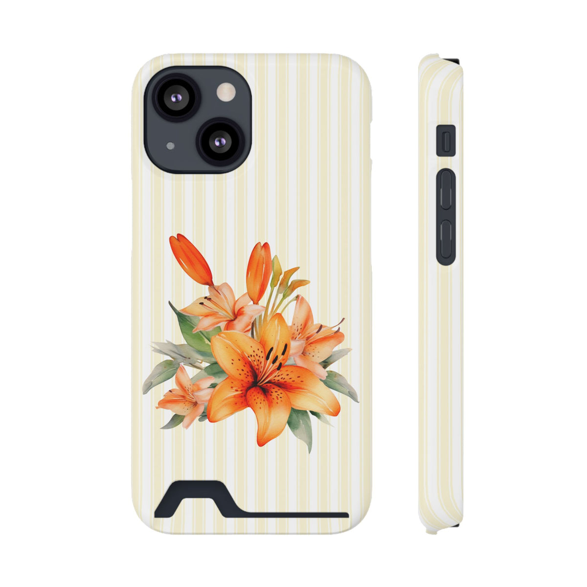 Sunny Lily Stripe phone case with card holder for iPhone 13 Mini, glossy finish