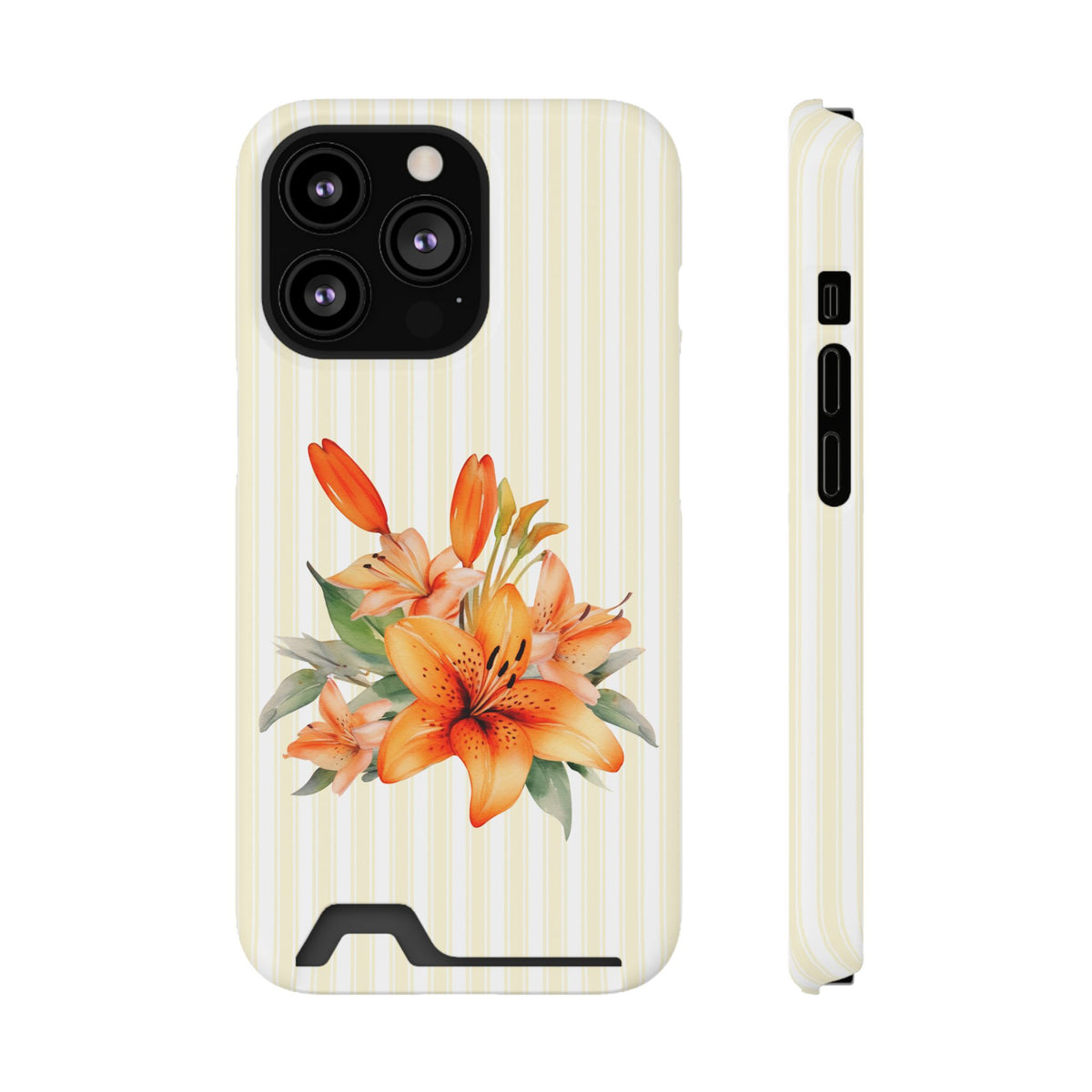 Sunny Lily Stripe phone case with card holder for iPhone 13 Pro, glossy finish