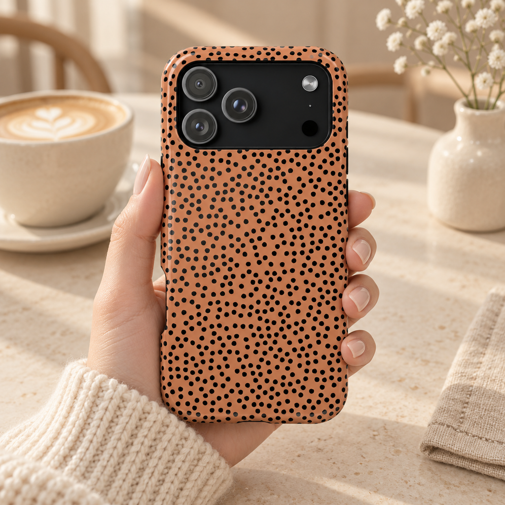 Terracotta Dot protective phone case, black spots on warm terracotta, lifestyle photo in hand with coffee