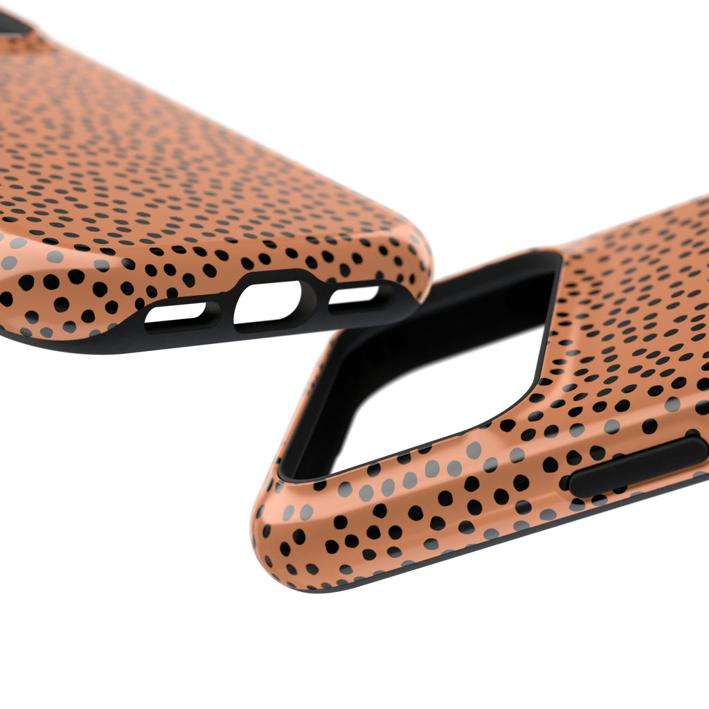 Terracotta Dot protective phone case, close-up at an angle