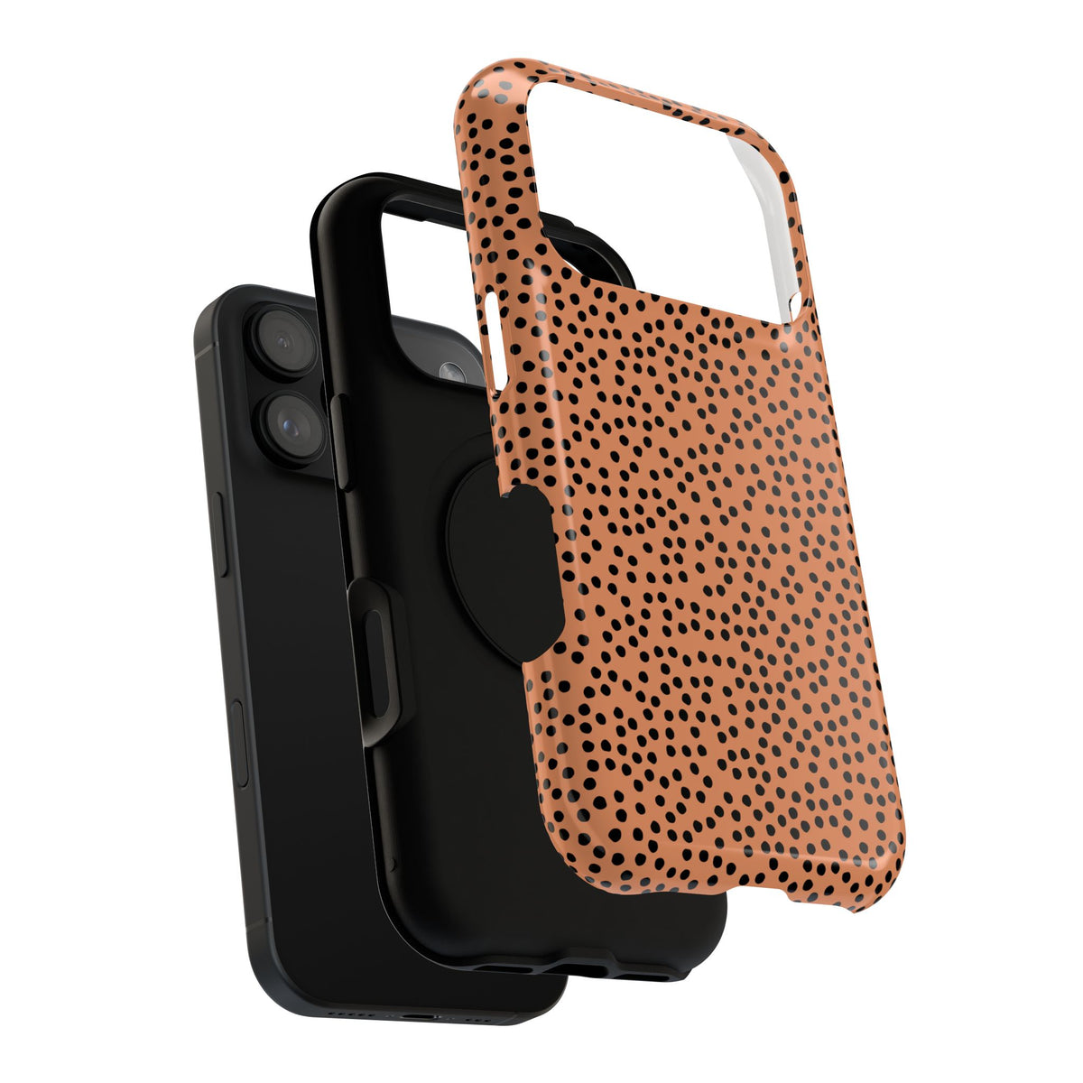 Terracotta Dot protective phone case, close-up of the dual-layer construction