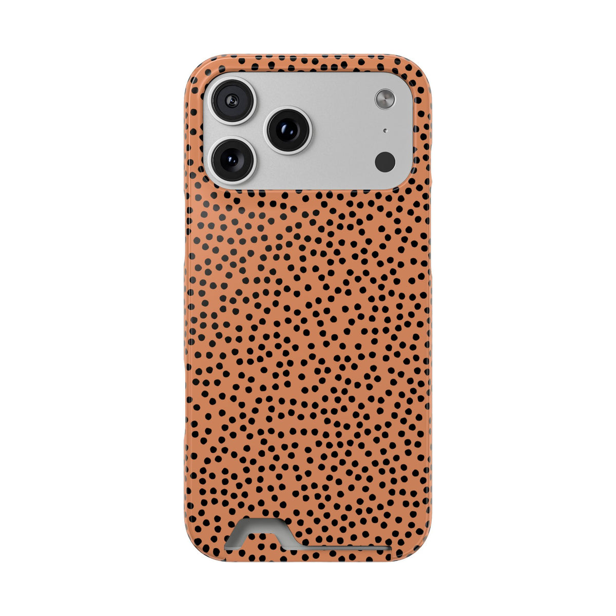Terracotta Dot phone case with card holder for iPhone 17 Pro Max, glossy finish