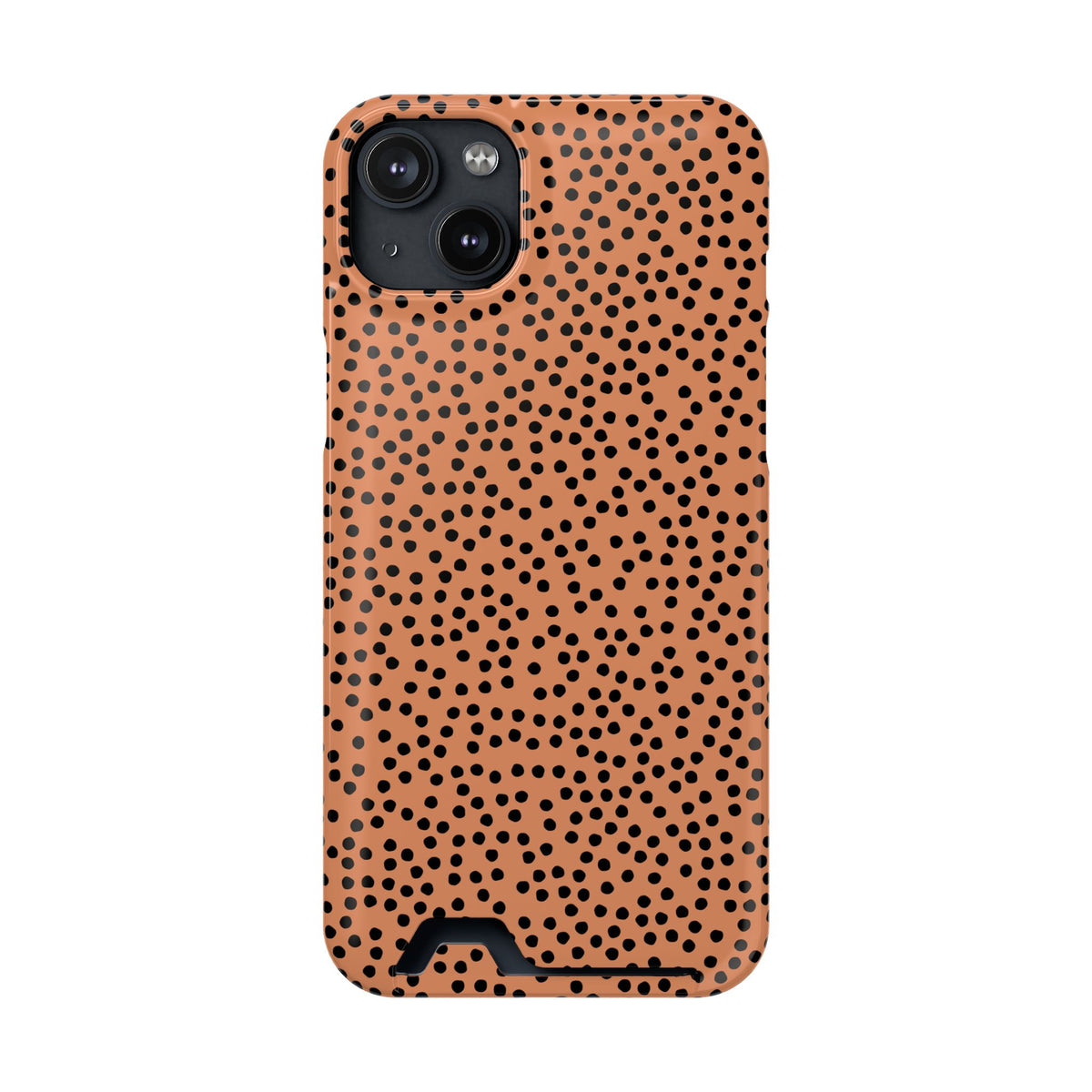 Terracotta Dot phone case with card holder for iPhone 14 Plus, glossy finish