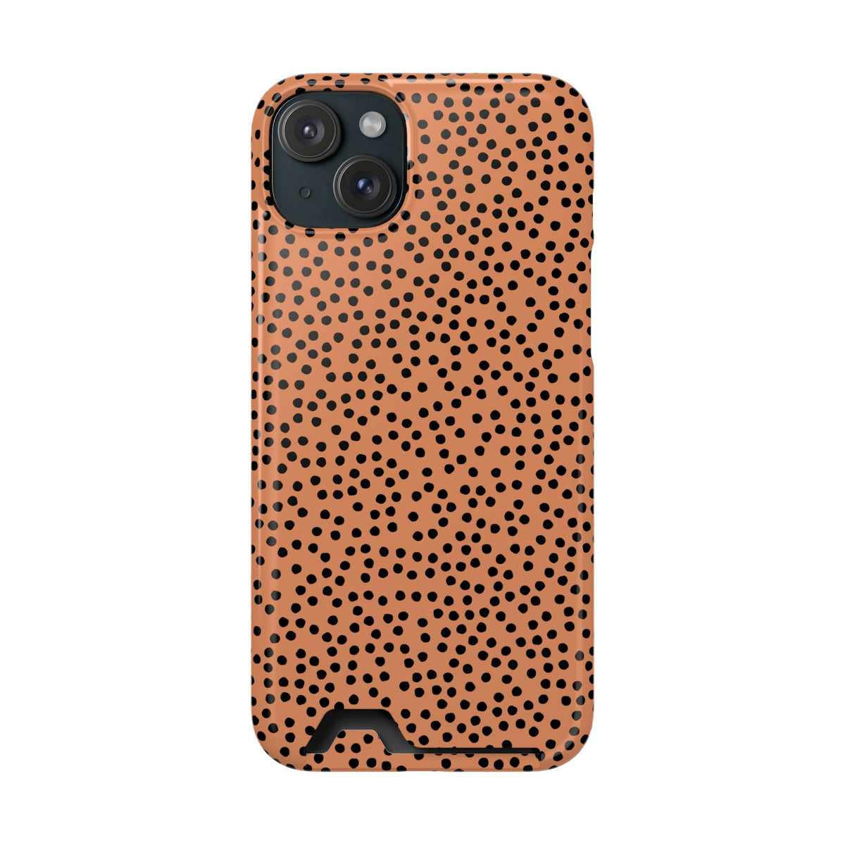 Terracotta Dot phone case with card holder for iPhone 15 Plus, glossy finish