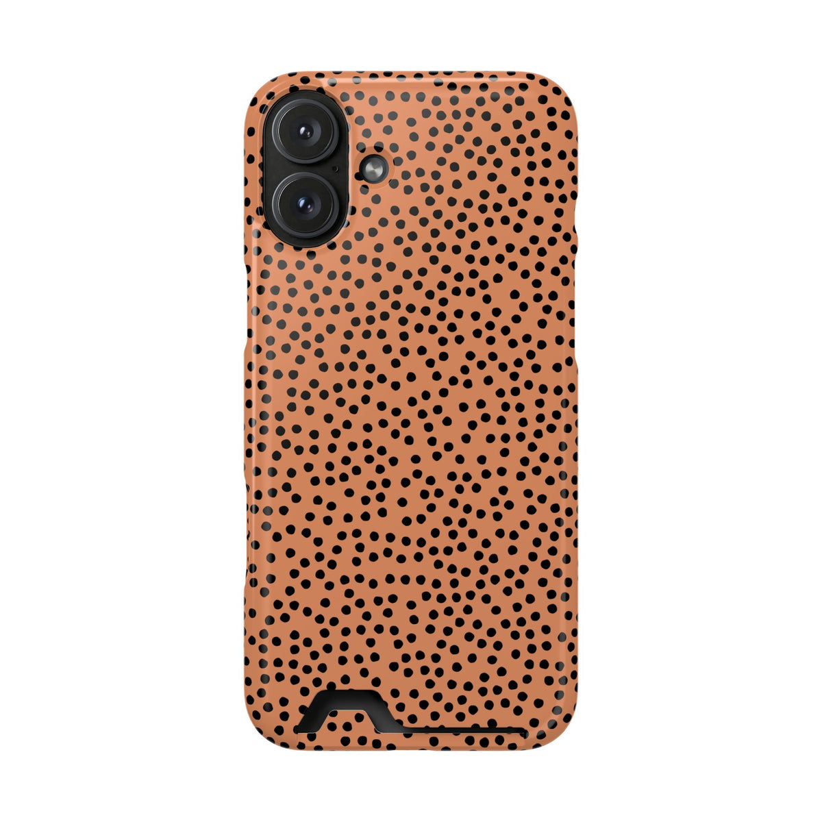 Terracotta Dot phone case with card holder for iPhone 16 Plus, glossy finish