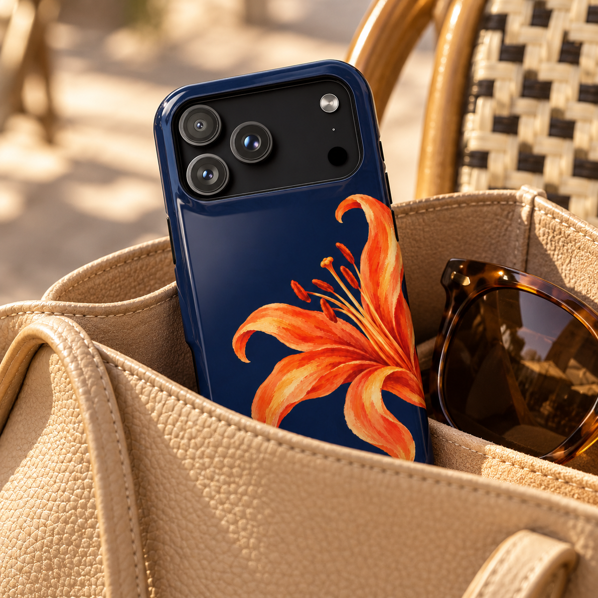 Tiger Lily protective phone case, an orange tiger lily on deep navy, lifestyle photo in a handbag