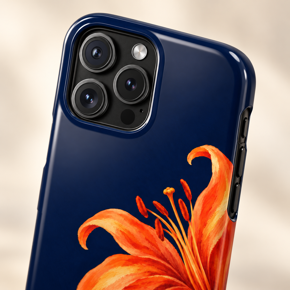 Tiger Lily protective phone case, an orange tiger lily on deep navy, lifestyle close-up of the camera