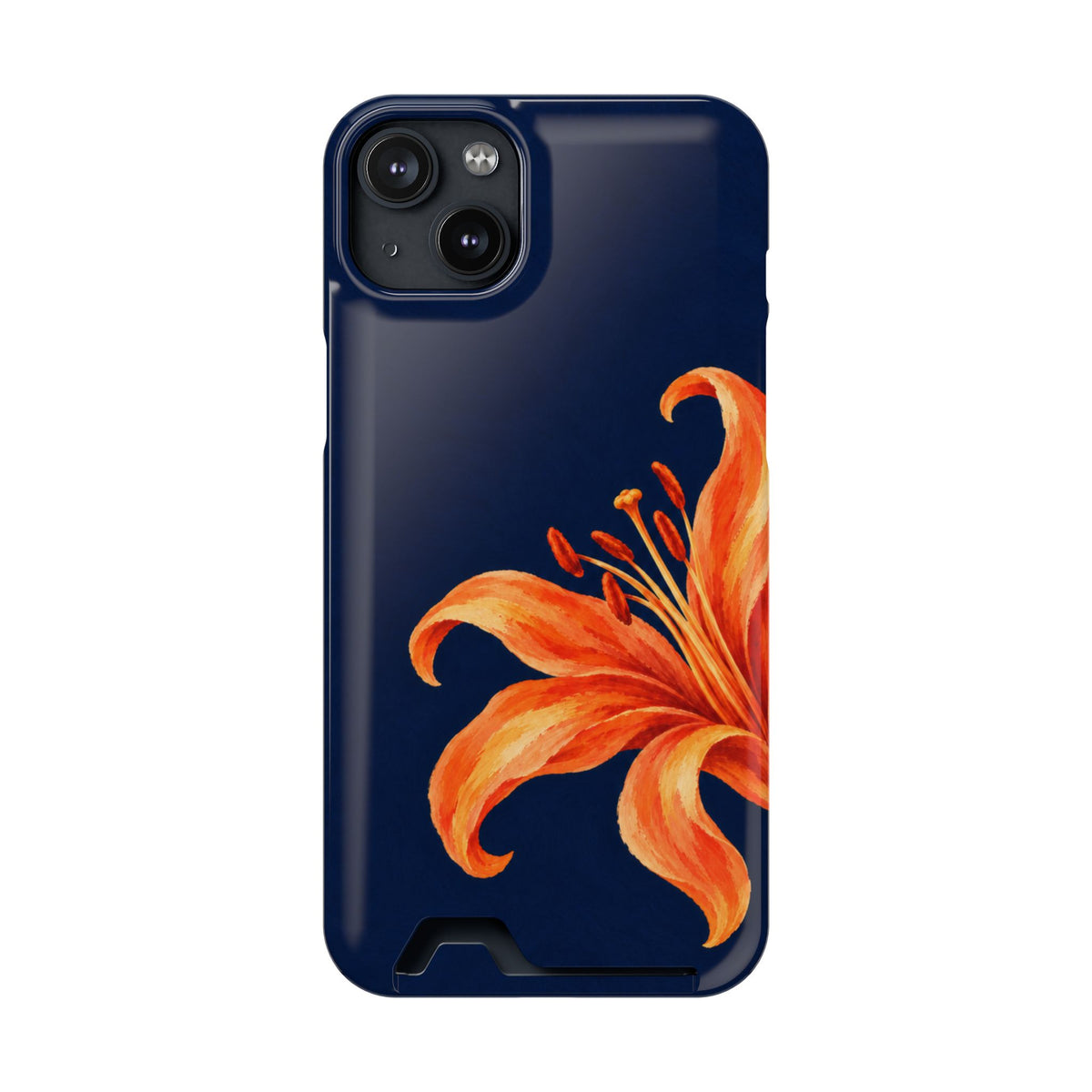Tiger Lily phone case with card holder for iPhone 14 Plus, glossy finish