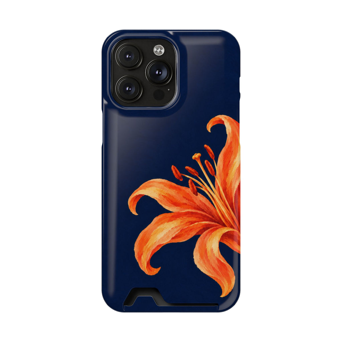 Tiger Lily phone case with card holder for iPhone 14 Pro Max, glossy finish