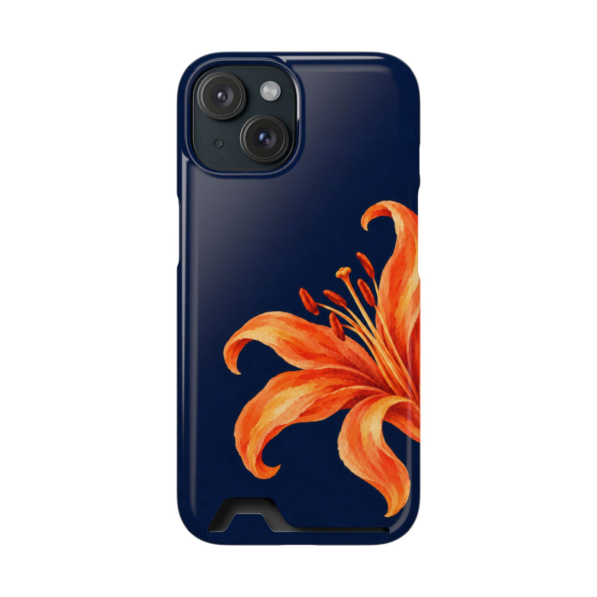 Tiger Lily phone case with card holder for iPhone 15, glossy finish