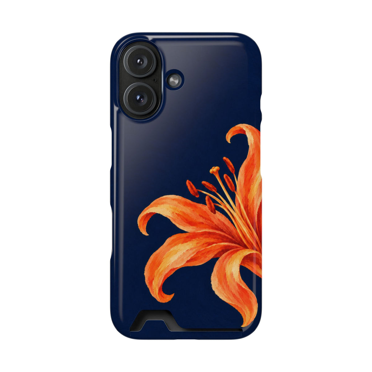 Tiger Lily phone case with card holder for iPhone 16, glossy finish