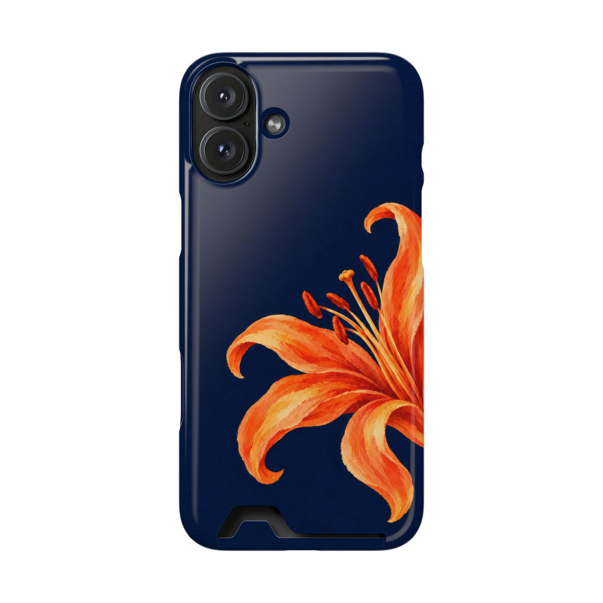 Tiger Lily phone case with card holder for iPhone 16 Plus, glossy finish