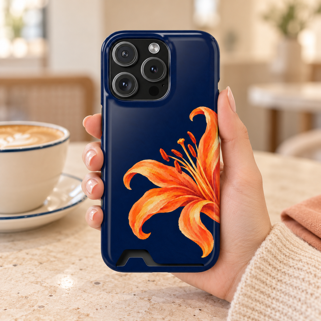 Tiger Lily phone case with card holder, an orange tiger lily on deep navy, lifestyle photo in hand with coffee