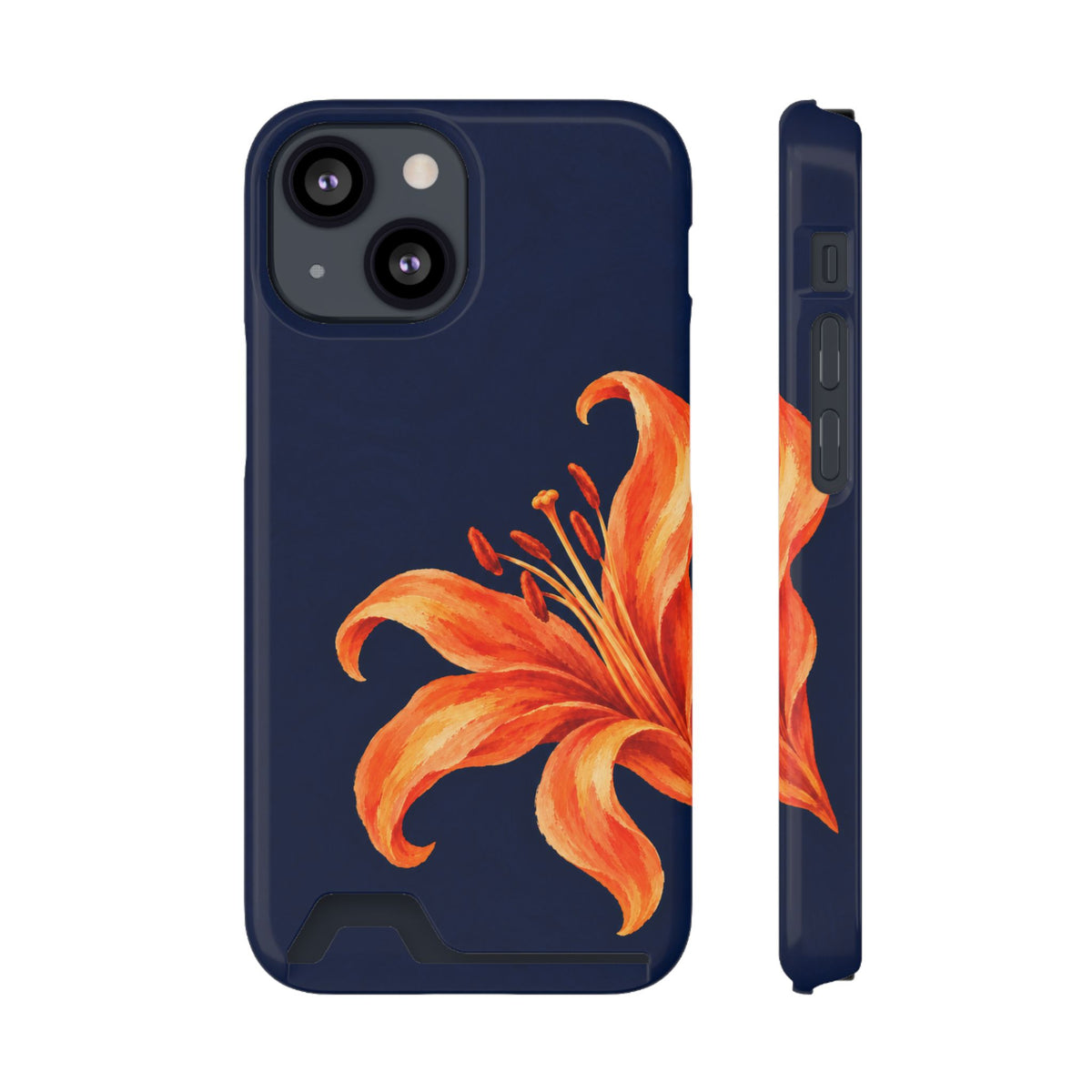 Tiger Lily phone case with card holder for iPhone 13 Mini, glossy finish